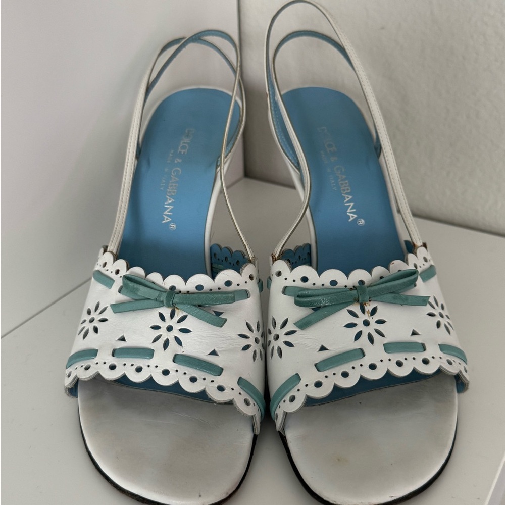 Dolce & Gabbana White and Green Sandals with Floral Cutouts